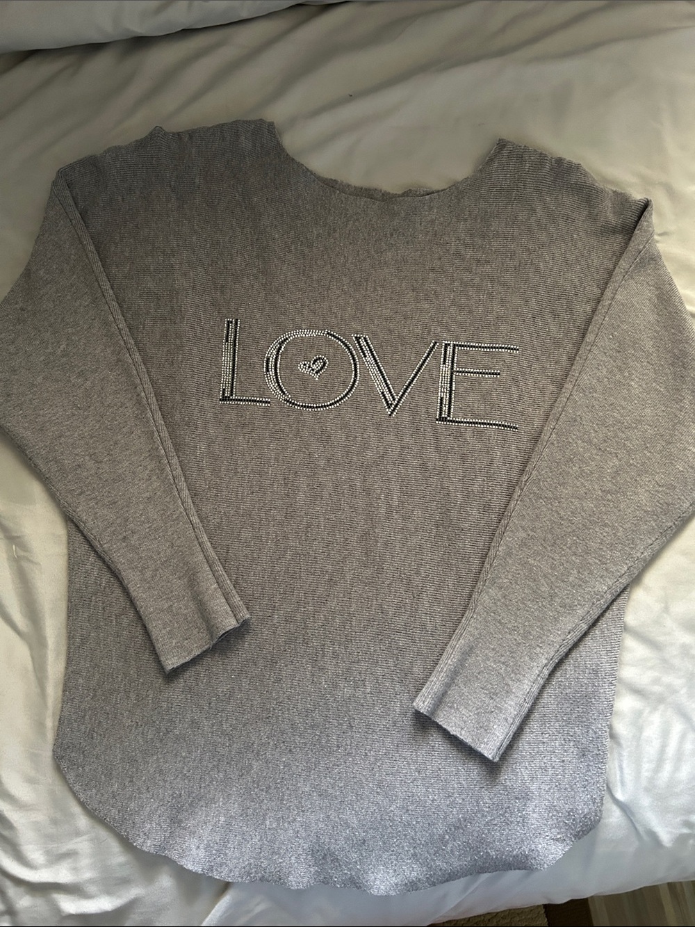 Light gray bedazzled ribbed sweater “LOVE”